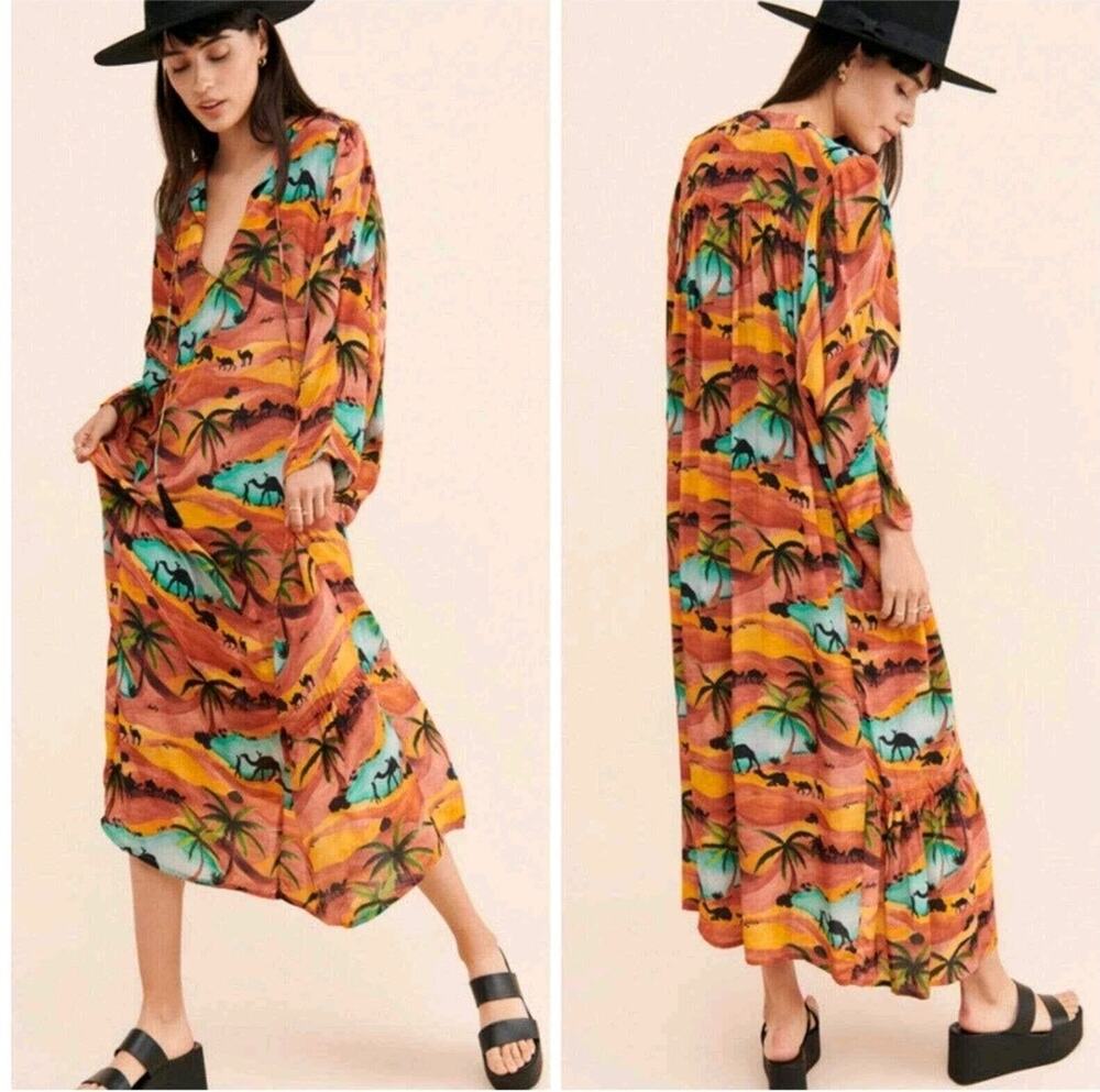 NWT $550 Chufy Oasis Anthropologie Desert Camel Print Maxi Dress S Orange Palm